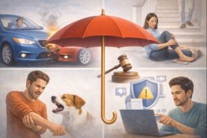 Illustration of multiple real-life liability scenarios such as a car accident, injured guest, and legal dispute, all protected under a single umbrella.