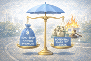 Visual representation of a balance scale comparing small insurance premiums with large potential financial losses.