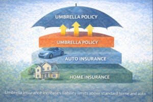 Layered graphic showing insurance coverage stacking above home and auto policies to represent higher liability limits.