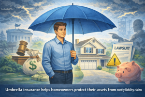 Illustration of a homeowner standing safely under an umbrella while legal and financial risks surround the property.