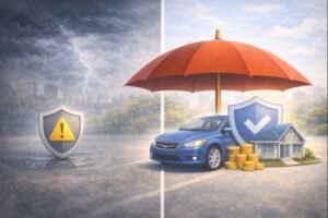 omparison illustration showing limited protection versus expanded coverage under an umbrella shield.