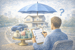 Illustration of a person reviewing assets such as home, car, and savings under a protective umbrella.