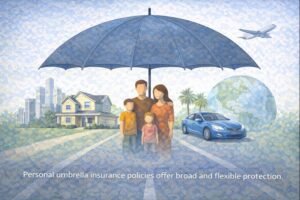 Detailed illustration showing an umbrella covering a family, home, and vehicle across multiple environments.