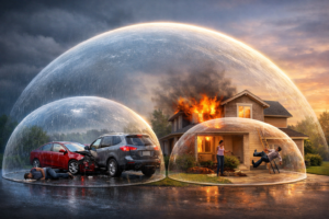 Visual representation of liability protection extending beyond standard auto and home insurance coverage.