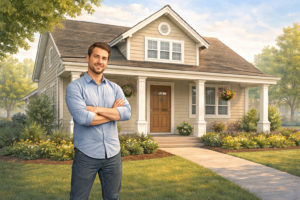 A homeowner standing in front of a house symbolizing personal liability protection.