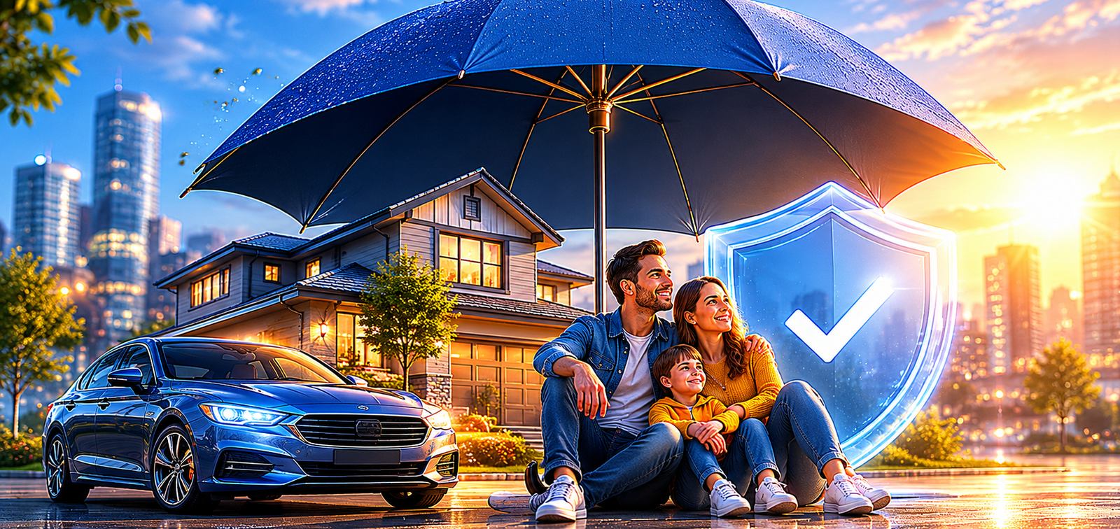 Illustration of umbrella insurance coverage protecting home, car, and personal assets from liability risks
