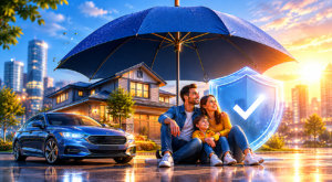 Illustration of umbrella insurance coverage protecting home, car, and personal assets from liability risks