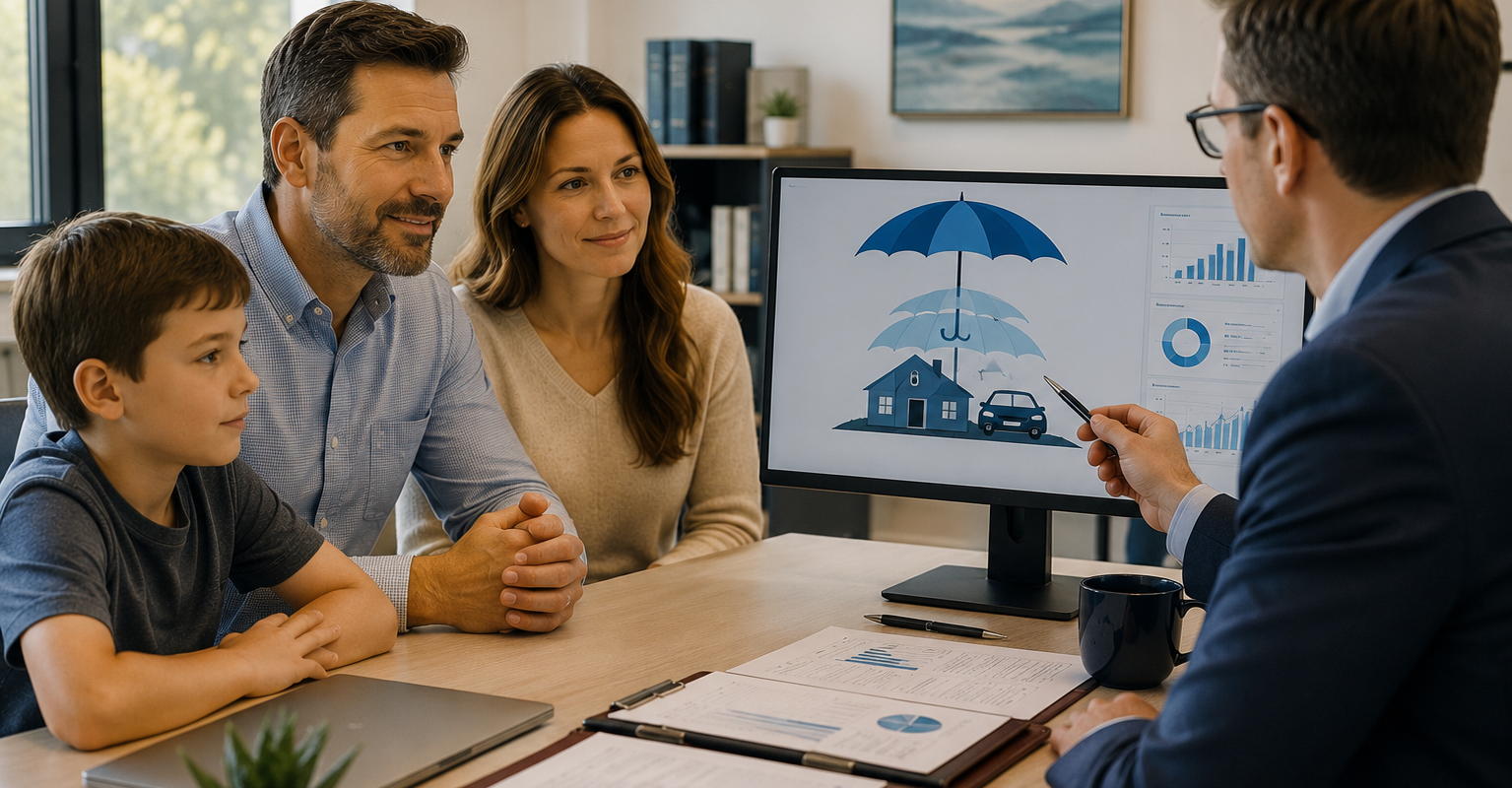 Financial advisor explaining umbrella insurance coverage and excess liability protection to a family seeking asset protection and financial security.