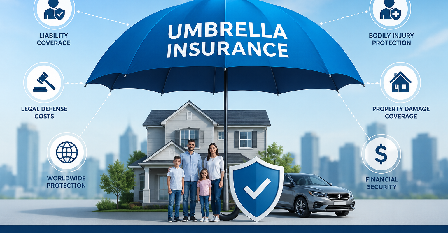 A modern illustration showing umbrella insurance protection covering a family, house, and car under financial security shield symbolizing liability coverage and risk protection.